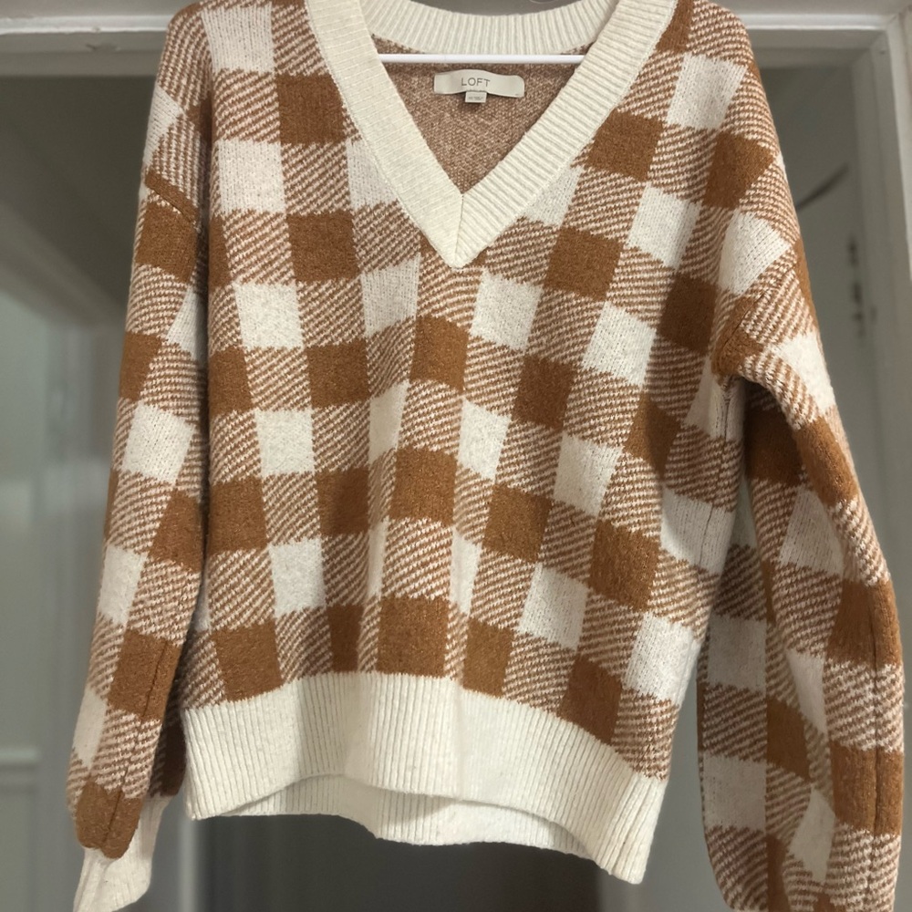 LOFT V-Neck Sweater in Brown and Cream Plaid